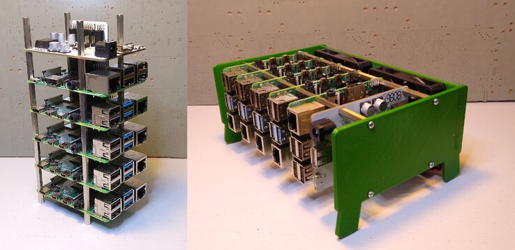 The ClusterCTRL Stack with and without its 3D-printed case. (Image source: Tindie via CNX Software)