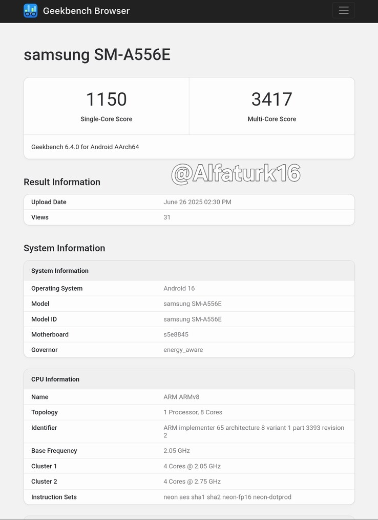 A "Galaxy A55 5G" is updated to Android 16 in a new leak. (Source: Geekbench via AlfaTurk on X)