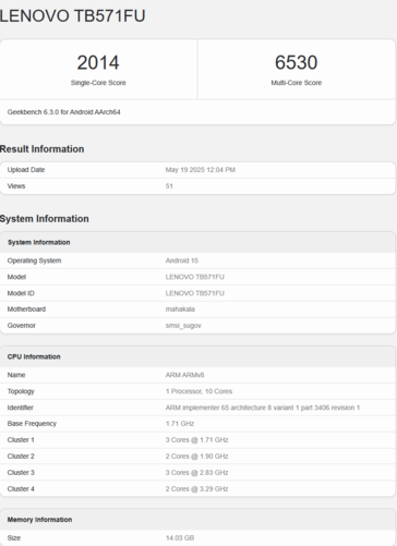 Lenovo Yoga Pad Pro with S1101 chip (image source: Geekbench)