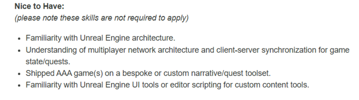 A screenshot from CD Projekt Red's job listing for a Lead Quest Programmer, which lists knowledge of multiplayer network architecture among the preferred qualifications.