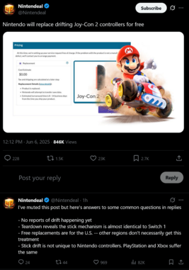 Nintendo warranty coverage for Switch 2 Joy-Cons (Image source: screenshot, Nintendeal X account)