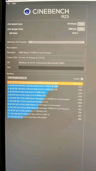 AMD Ryzen 7 9700X Cinebench R23 score (image source: HXL on X)
