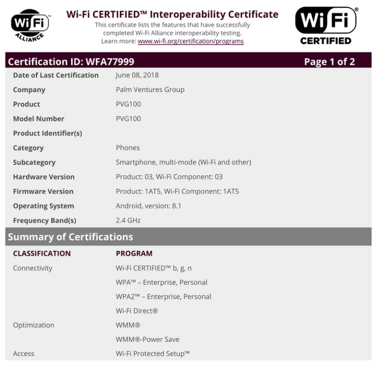 Palm PVG100 Wi-Fi Alliance certification. (Source: Android Police)