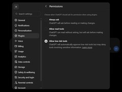 Screenshot of ChatGPT settings, Plugins, Permissions with the options Always ask, Allow read tools and Allow low-risk tools