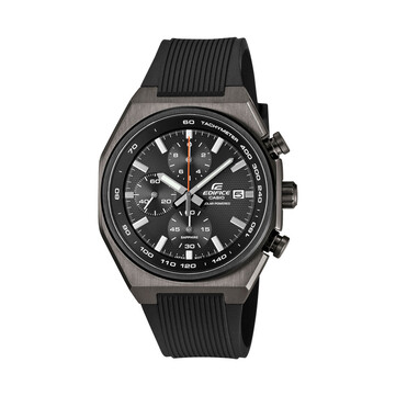 Casio Edifice EFSS660PB-1A chronograph with a gray ion-plated case, black resin strap, black textured dial, red central seconds hand, three subdials, and tachymeter scale.