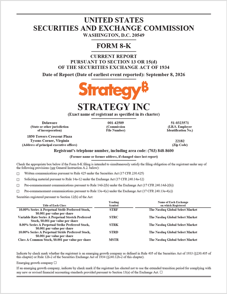Strategy's SEC Form 8-K • September 8, 2026