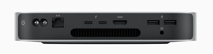 Rear: power button, power cord, Ethernet 2x USB-C 4.0 with Thunderbolt 4 (40 GBit/s, DisplayPort-ALT mode), HDMI 2.0, 2x USB-A 3.2 Gen.1 (5 GBit/s), 3.5 mm audio (Image: Apple).