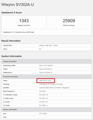 EPYC 7543. (Image source: Geekbench)