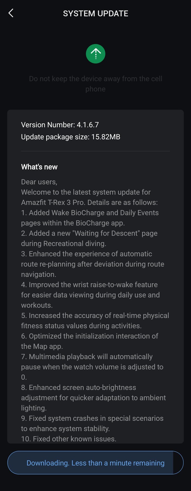 The release notes for software version 4.1.6.7 for the Amazfit T-Rex 3 Pro. (Image source: Reddit)