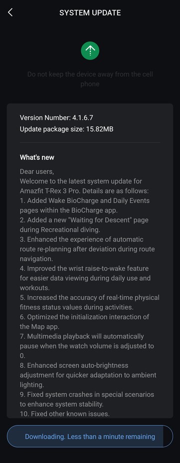 The release notes for software version 4.1.6.7 for the Amazfit T-Rex 3 Pro. (Image source: Reddit)