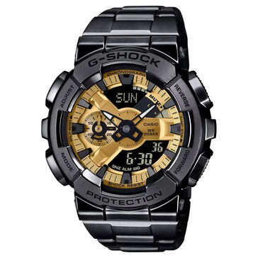 The G-Shock GM-110BD-1A9 sports a gold dial framed by an all-black ion-plated stainless steel bezel
