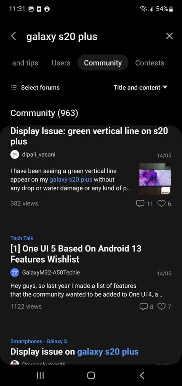 Users complaining about Galaxy S20 Plus display issues on Samsung Members (image via own)