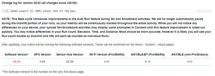 The change log for Garmin Beta Version 26.93. (Image source: Garmin)