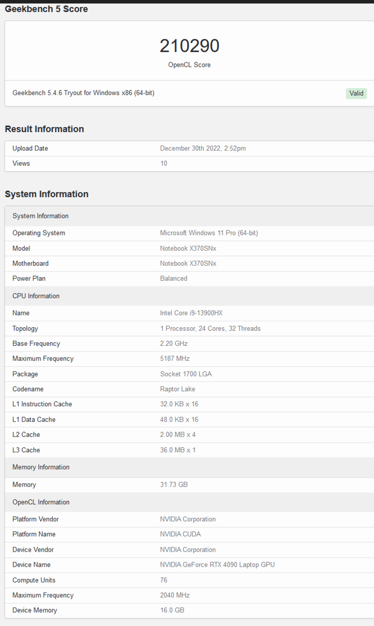 Nvidia GeForce RTX 4090 laptop on Geekbench (image via Geekbench)