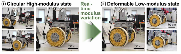 Images showing the state transition between the (i) circular high-modulus state and (ii) deformable low-modulus state of the wheel. (Image source: KIMM)