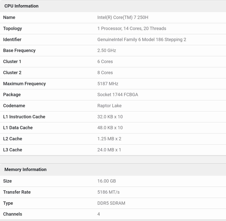 A recent leaked Geekbench test result has tipped the specs of an unreleased Core 7 250H CPU. (Image source: Geekbench)