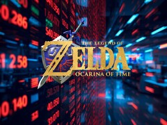 The Legend of Zelda: Ocarina of Time remake logo in front of Nintendo stock ticker