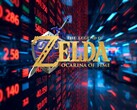 The Legend of Zelda: Ocarina of Time remake logo in front of Nintendo stock ticker