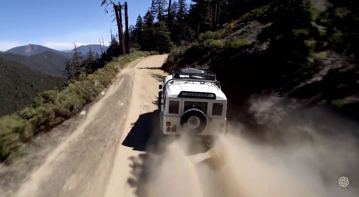 A still from a video of a vintage SUV rallying up a mountain generated by Sora (Source: OpenAI)