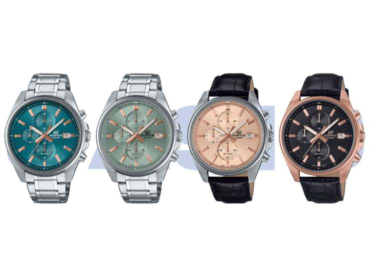 From left to right, the Casio Edifice EFV-610DE-2A, EFV-610DE-3A, EFV-610EL-5A, and EFV-610ECL-1A. (Image source: Casio)