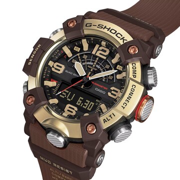 Angled view of the G-Shock Mudmaster GG-B100XMH-5A showcasing its digital-analog display and light yellow and brown color scheme.