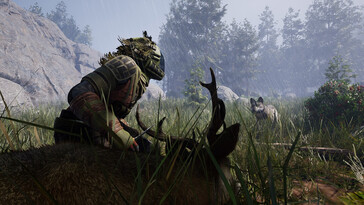 An image showing a character and a wolf in Icarus.