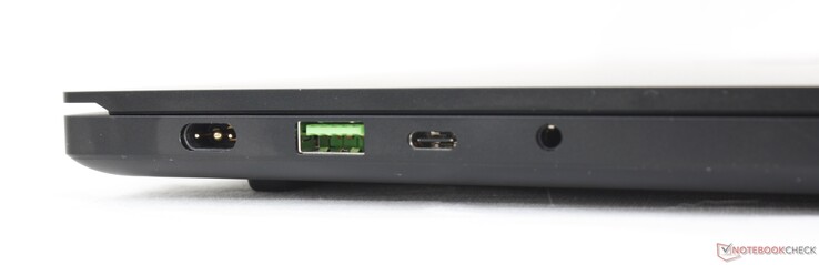 Left: AC adapter, USB-A 3.2 Gen. 2, USB-C 3.2 Gen. 2 w/ DisplayPort 1.4 and Power Delivery, 3.5 mm combo audio