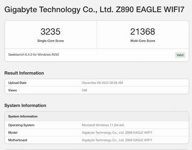 Geekbench 6 listing for the Core Ultra 7 270K Plus. (Image source: Geekbench)