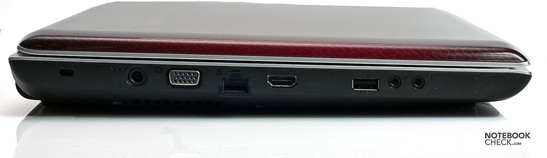 Left: Kensington Lock, connection for the power pack, VGA, LAN, HDMI, USB 2.0, 2x audio