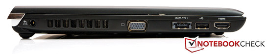 Left: Power socket, VGA, eSATA/USB 2.0, USB 2.0, HDMI