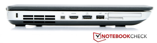 Left: Kensington lock, FireWire, HDMI, USB/eSATA, USB 2.0, ExpressCard, card reader