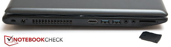 Left: Kensington lock, power socket, HDMI, 2x USB 3.0, 2x audio, card reader