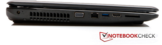 Left: Power socket, VGA, RJ45 (LAN), USB 3.0, HDMI, card reader