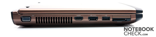 Left: VGA, HDMI, USB 2.0/eSATA, USB 2.0, cardreader, ExpressCard34