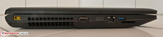 Crowded left side: Power, fan, VGA, HDMI, LAN, USB 3.0 and SD slot.