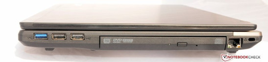 Right: USB 3.0, 2 USB 2.0s, DVD burner, LAN, Kensington