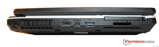 Left side: Power outlet, HDMI, Firewire, USB 3.0, Express Card, Card-reader, SmartCard-reader