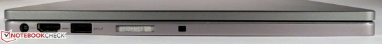 Left side: Power, HDMI, USB 3.0, speaker and lock