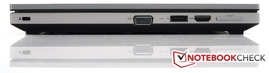 left side: Kensington Lock, VGA, USB 2.0/eSATA, HDMI, 2 in 1 card reader