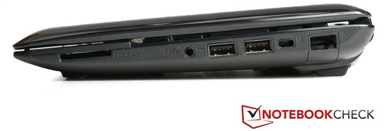 Right: card reader, audio, 2x USB 2.0, Kensington Lock, RJ45 (LAN)