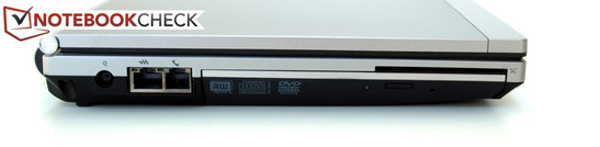 Left side: power jack, RJ-45 (LAN), RJ-11 (modem), optical drive, SmartCard reader