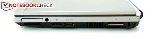 Right side: ExpressCard34, card reader, combination audio jack, DisplayPort, eSATA/SS/USB, fan exhaust, docking port, Kensington Lock