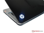 The lighted HP logo indicates the laptop's state