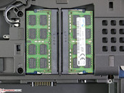 Two RAM banks on the underside are occupied; two more are under the keyboard in the quad-core models.