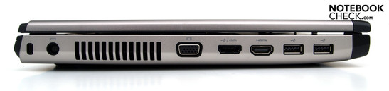 Left: Kensington Security Slot, power outlet, fan, eSATA/USB combo, HDMI, 2xUSB-2.0