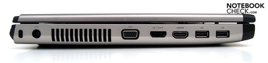Left: Kensington Security Slot, power outlet, fan, eSATA/USB combo, HDMI, 2xUSB-2.0