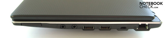 Right: 5-in-1 cardreader, headset (SPDIF), microphone, 2xUSB-2.0, Kensington Security Slot, LAN