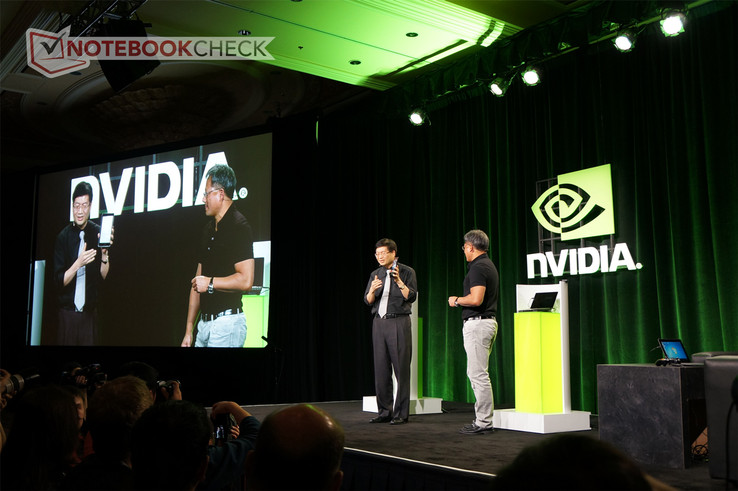 Nvidia CEO Jen-Hsun Huang reveals the $249 tablet alongside Asus CEO Jerry Shen.