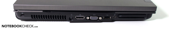 Left: Kensington lock, DC-in, display port, VGA, USB, Firewire, ExpressCard