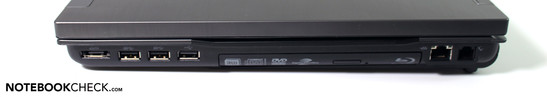 Right: USB / eSATA, two USB 3.0 ports, USB 2.0, Blu-Ray drive, LAN, modem
